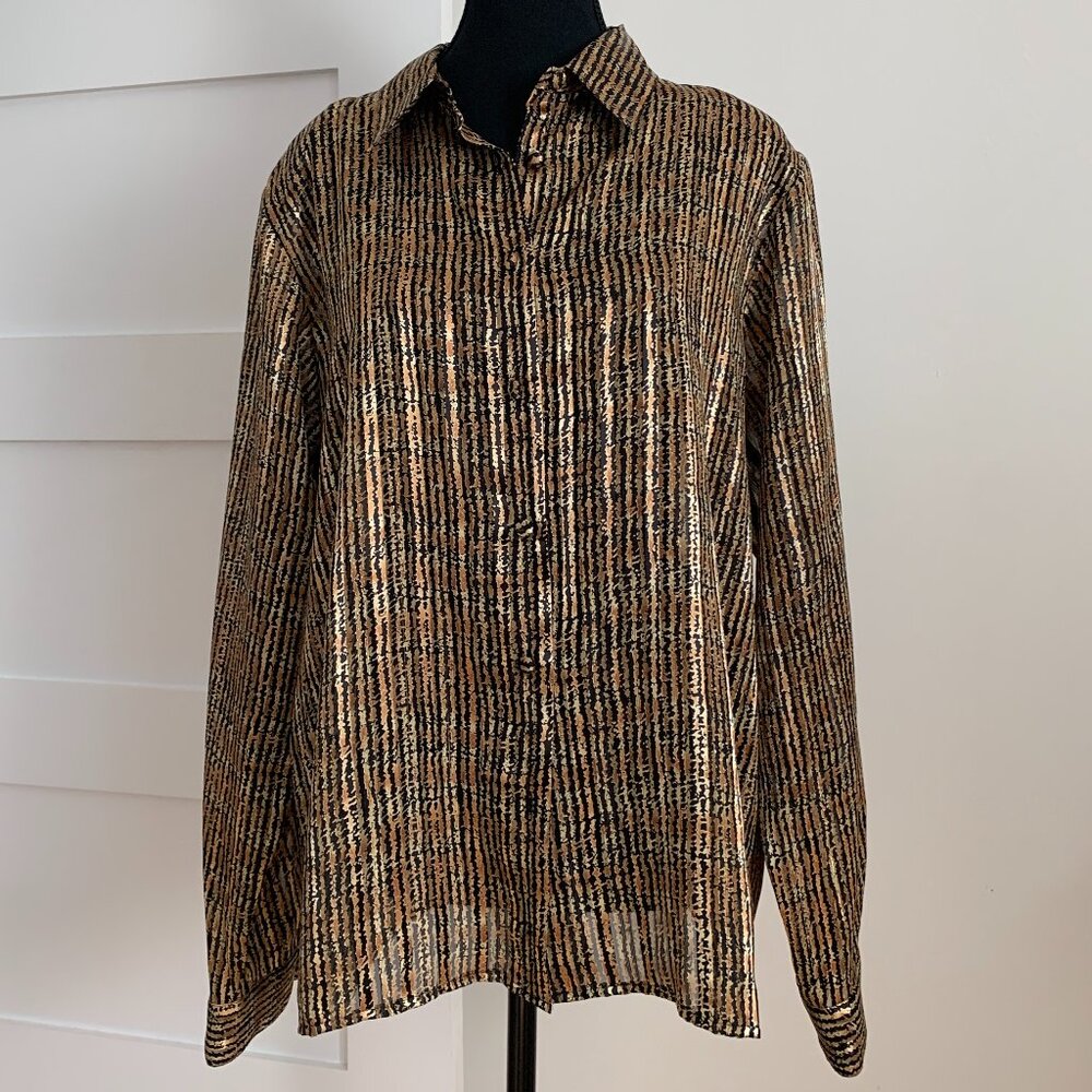 Vintage Yves St. Clair Shear Black and Gold Striped Button-Up Shirt - Size 14